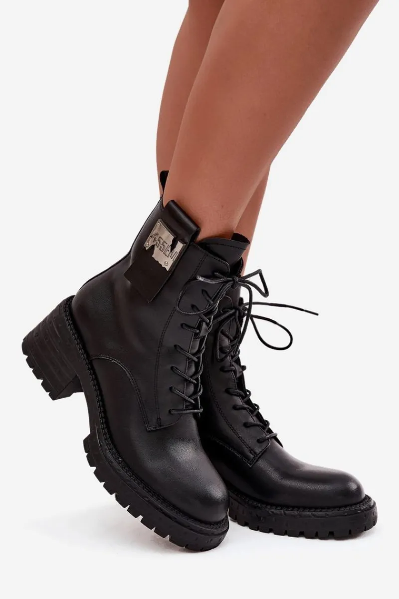 Outlet Artiker Skórzane Botki Workery Damskie Na Klocku Z Ozdobnym Detalem 57C0214 Czarne Czarny