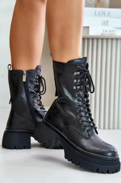 Skórzane Botki Workery Damskie Ocieplane OO2N4121 Czarne Damskie Botki Ocieplane|Czarne Botki