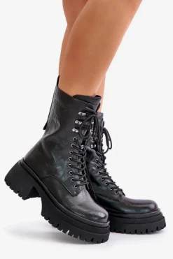 Skórzane Botki Workery Damskie Ocieplane OO2N4121 Czarne Damskie Botki Ocieplane|Czarne Botki