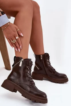 Botki Ocieplane|Damskie Trapery>Big Star Shoes Skórzane Botki Workery Damskie Ocieplane Big Star SS274453 Brązowe Brązowy