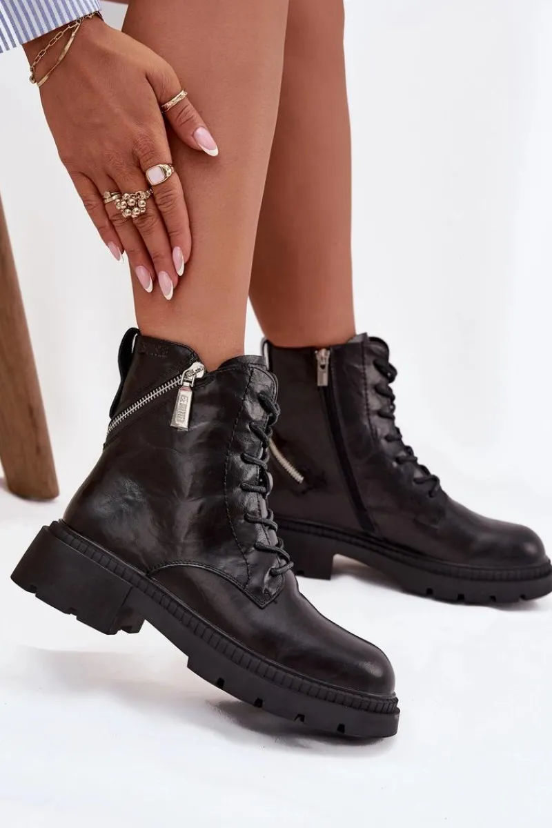 Damskie Trapery|Botki Sznurowane>Big Star Shoes Skórzane Botki Workery Damskie Ocieplane Big Star SS274452 Czarne Czarny