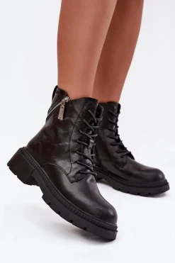 Damskie Trapery|Botki Sznurowane>Big Star Shoes Skórzane Botki Workery Damskie Ocieplane Big Star SS274452 Czarne Czarny