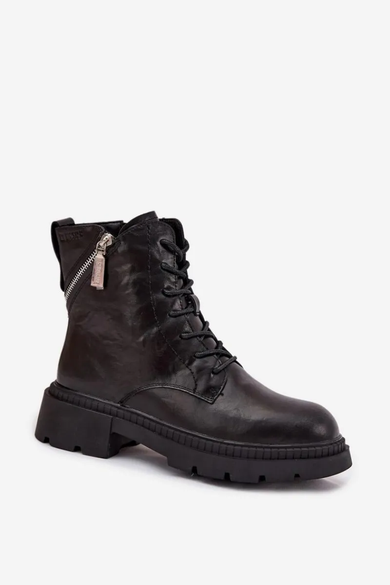 Damskie Trapery|Botki Sznurowane>Big Star Shoes Skórzane Botki Workery Damskie Ocieplane Big Star SS274452 Czarne Czarny