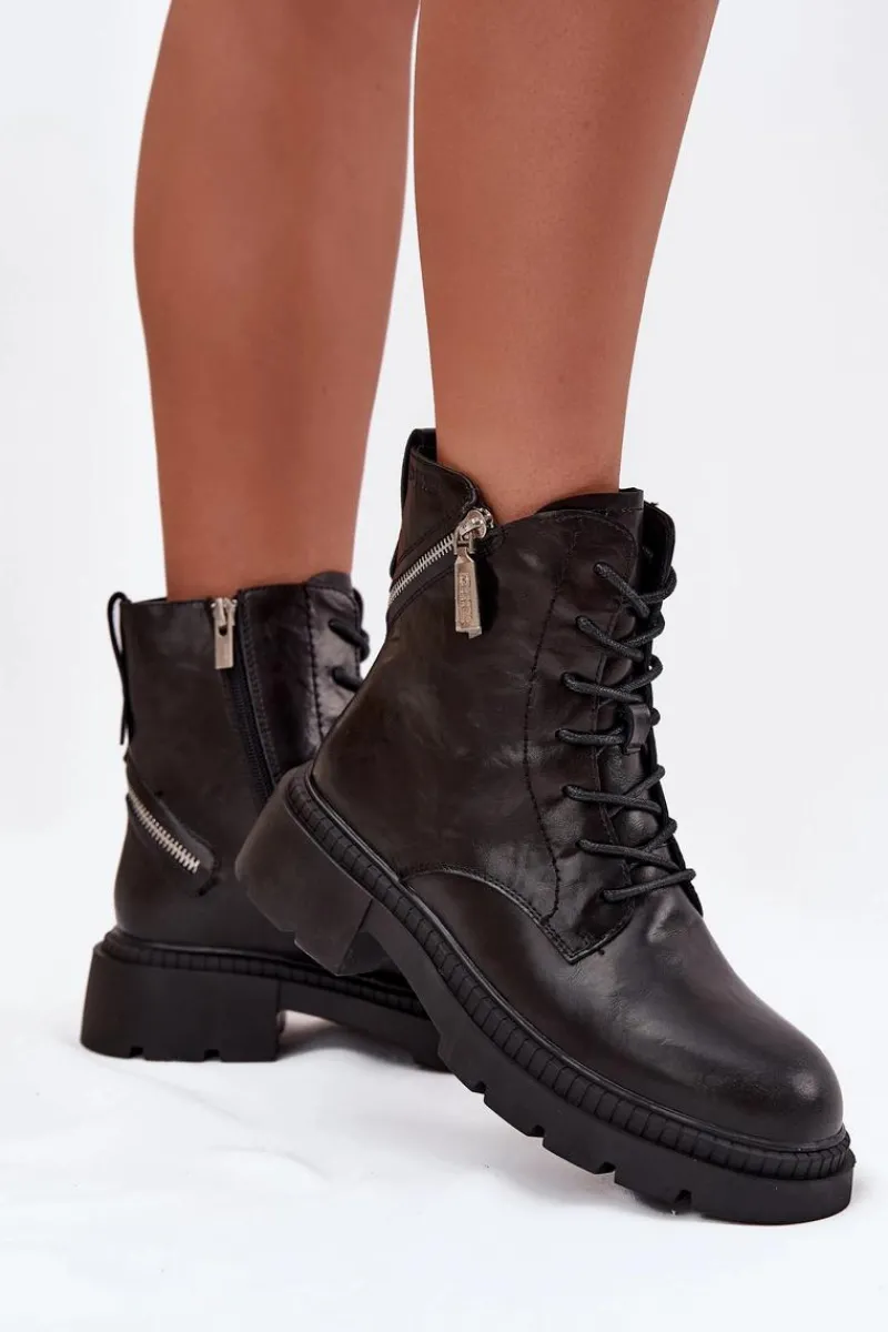 Damskie Trapery|Botki Sznurowane>Big Star Shoes Skórzane Botki Workery Damskie Ocieplane Big Star SS274452 Czarne Czarny