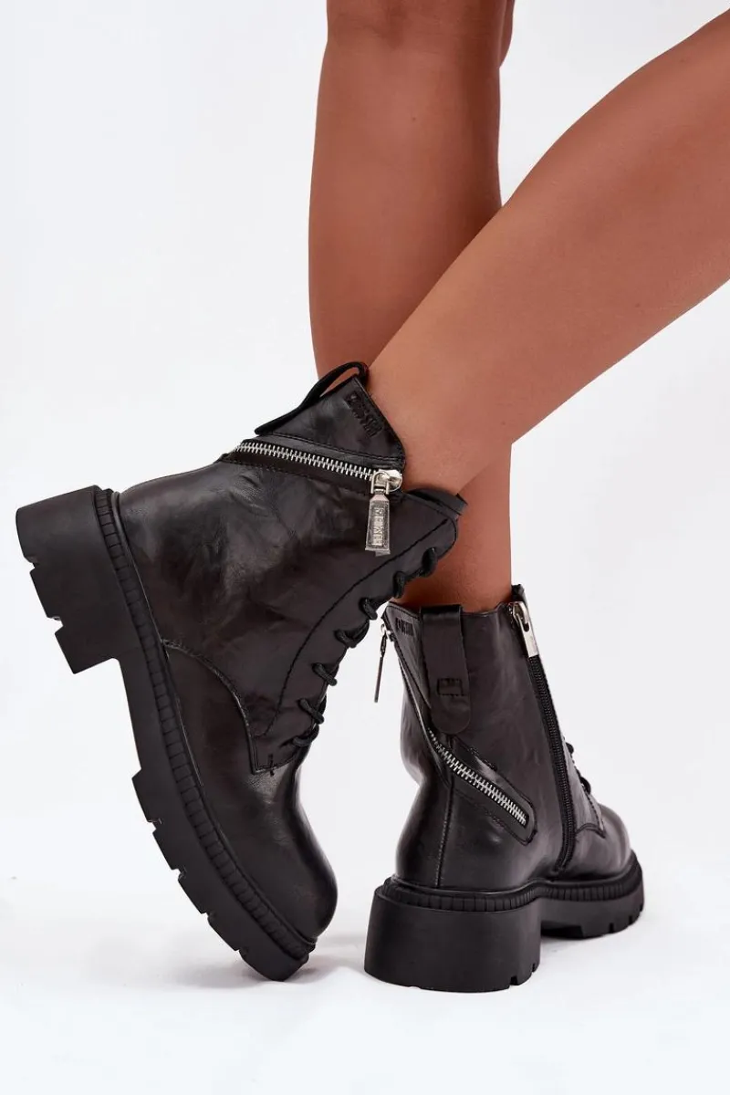 Damskie Trapery|Botki Sznurowane>Big Star Shoes Skórzane Botki Workery Damskie Ocieplane Big Star SS274452 Czarne Czarny