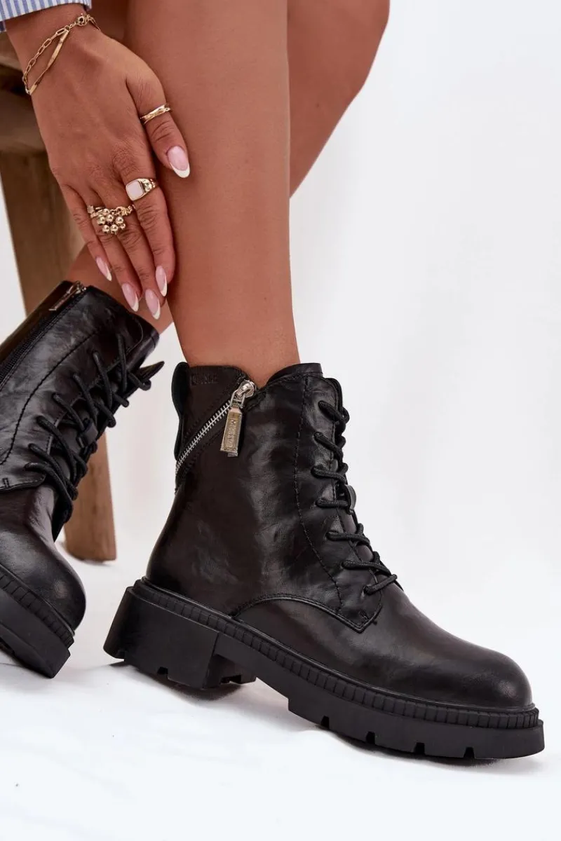 Damskie Trapery|Botki Sznurowane>Big Star Shoes Skórzane Botki Workery Damskie Ocieplane Big Star SS274452 Czarne Czarny