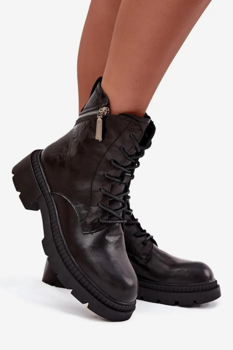 Damskie Trapery|Botki Sznurowane>Big Star Shoes Skórzane Botki Workery Damskie Ocieplane Big Star SS274452 Czarne Czarny