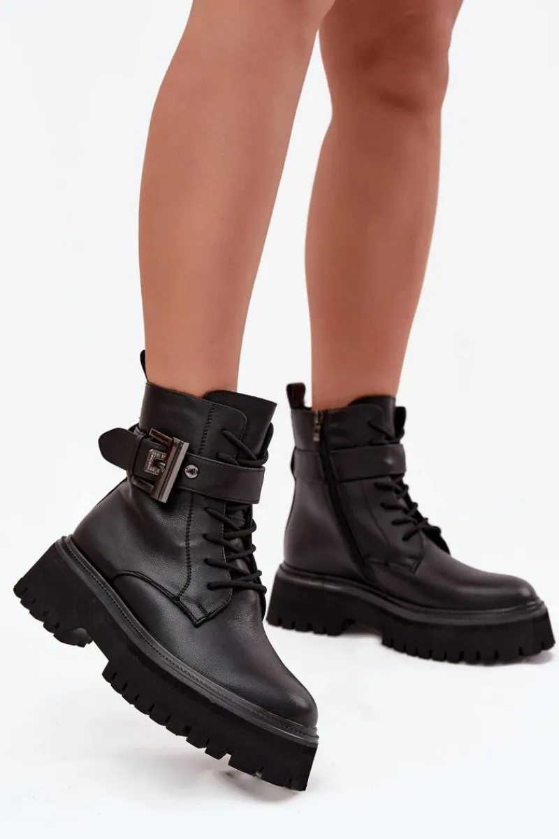 Online Skórzane Botki Workery Damskie Ocieplane Z Ozdobną Klamrą D&A MK52-032 Czarne Damskie Botki Ocieplane|Botki Skórzane