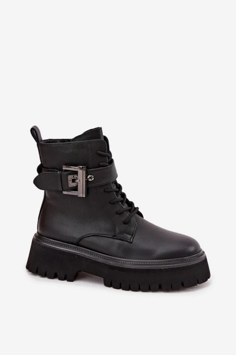 Online Skórzane Botki Workery Damskie Ocieplane Z Ozdobną Klamrą D&A MK52-032 Czarne Damskie Botki Ocieplane|Botki Skórzane