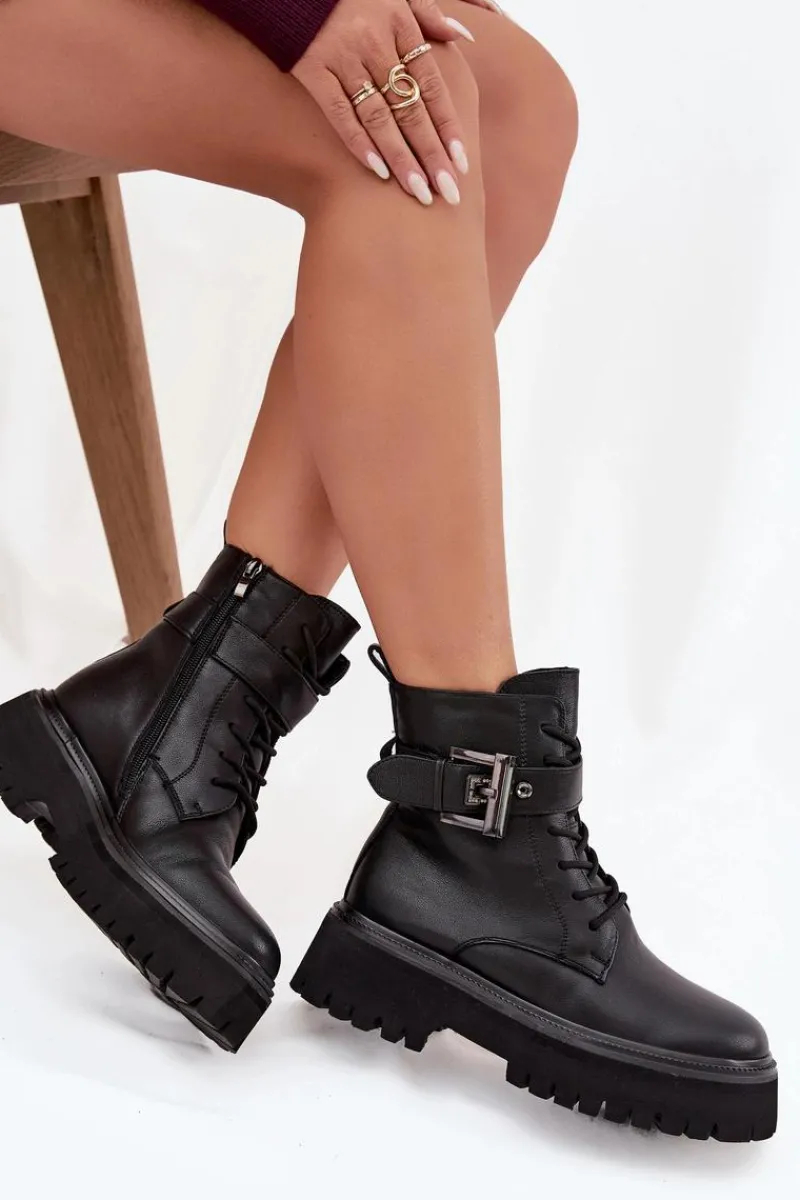 Online Skórzane Botki Workery Damskie Ocieplane Z Ozdobną Klamrą D&A MK52-032 Czarne Damskie Botki Ocieplane|Botki Skórzane