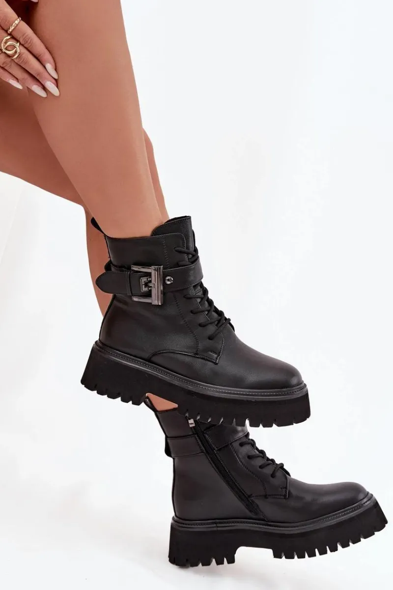 Online Skórzane Botki Workery Damskie Ocieplane Z Ozdobną Klamrą D&A MK52-032 Czarne Damskie Botki Ocieplane|Botki Skórzane