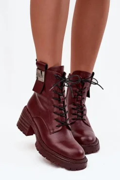 Botki Ocieplane|Botki Skórzane>Artiker Skórzane Botki Workery Damskie Na Klocku Z Ozdobnym Detalem 57C0211 Bordowe Czerwony