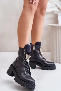 Sale Skórzane Botki Workery Damskie Z Motylem Czarne 4590 Damskie Botki Ocieplane|Damskie Trapery
