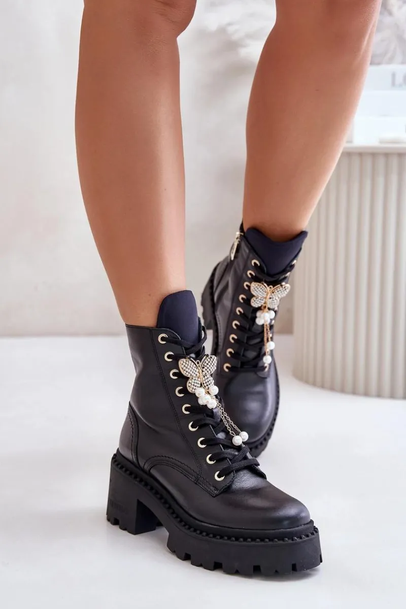 Sale Skórzane Botki Workery Damskie Z Motylem Czarne 4590 Damskie Botki Ocieplane|Damskie Trapery