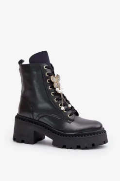 Sale Skórzane Botki Workery Damskie Z Motylem Czarne 4590 Damskie Botki Ocieplane|Damskie Trapery