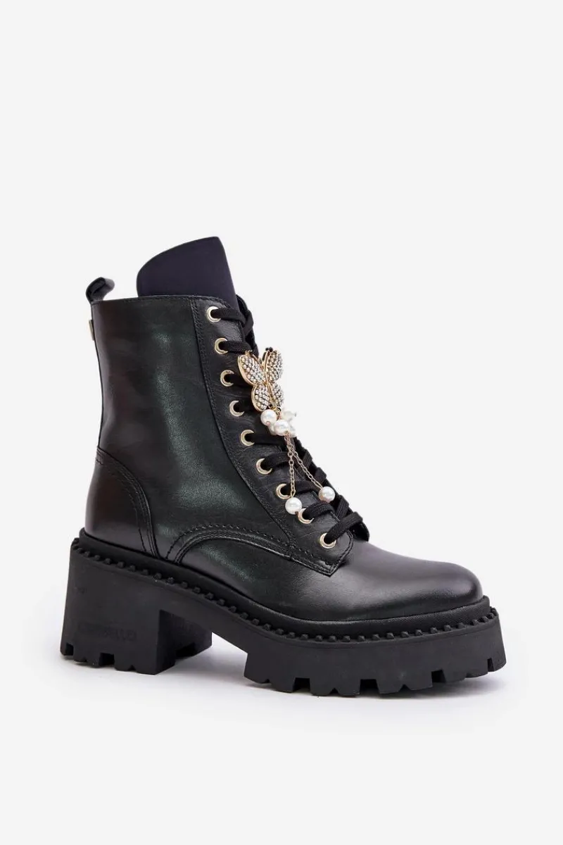 Sale Skórzane Botki Workery Damskie Z Motylem Czarne 4590 Damskie Botki Ocieplane|Damskie Trapery