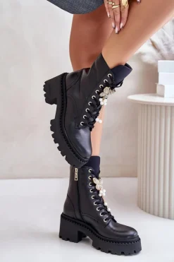 Sale Skórzane Botki Workery Damskie Z Motylem Czarne 4590 Damskie Botki Ocieplane|Damskie Trapery