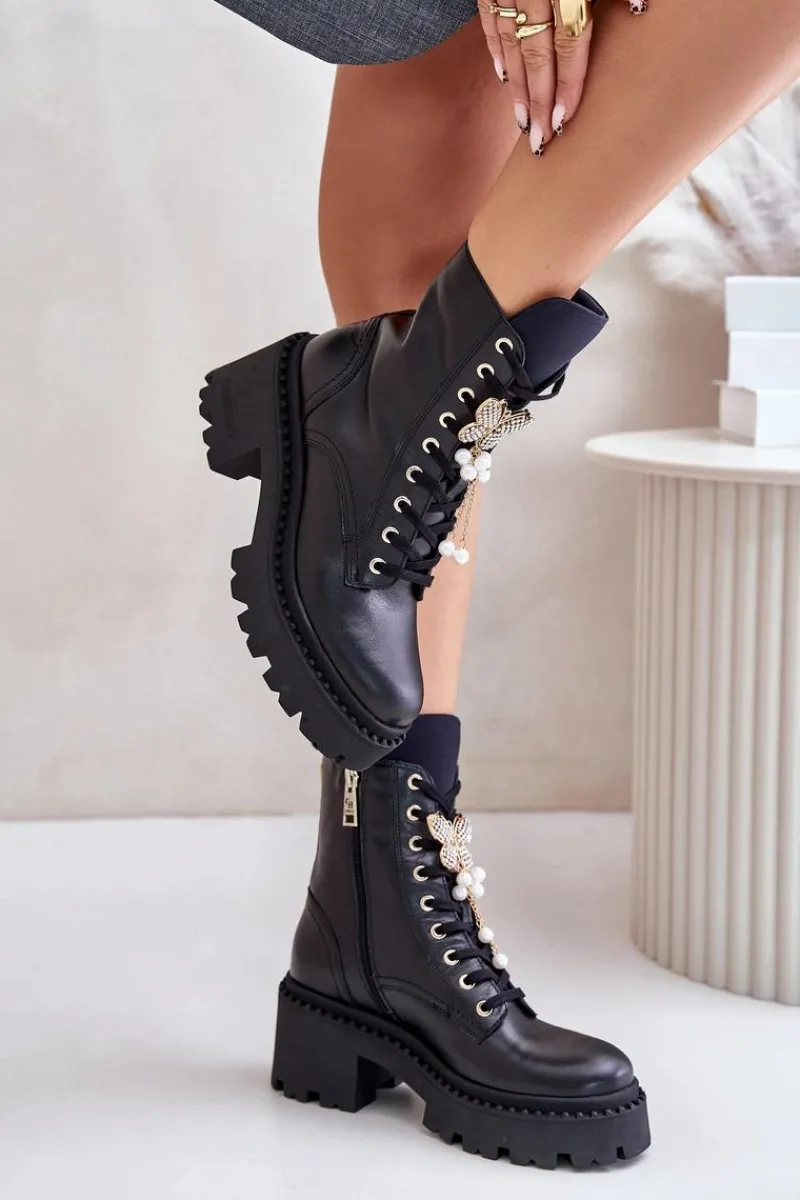 Sale Skórzane Botki Workery Damskie Z Motylem Czarne 4590 Damskie Botki Ocieplane|Damskie Trapery