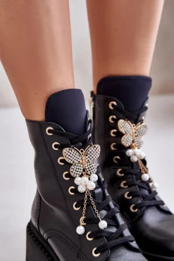 Sale Skórzane Botki Workery Damskie Z Motylem Czarne 4590 Damskie Botki Ocieplane|Damskie Trapery