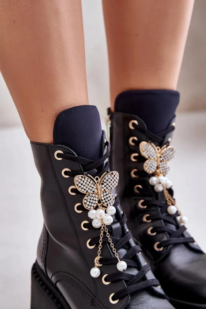 Sale Skórzane Botki Workery Damskie Z Motylem Czarne 4590 Damskie Botki Ocieplane|Damskie Trapery