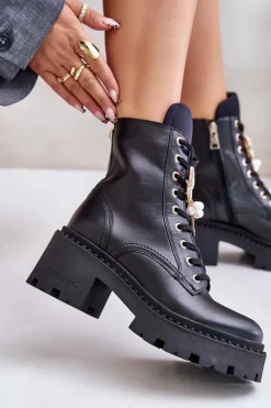 Sale Skórzane Botki Workery Damskie Z Motylem Czarne 4590 Damskie Botki Ocieplane|Damskie Trapery