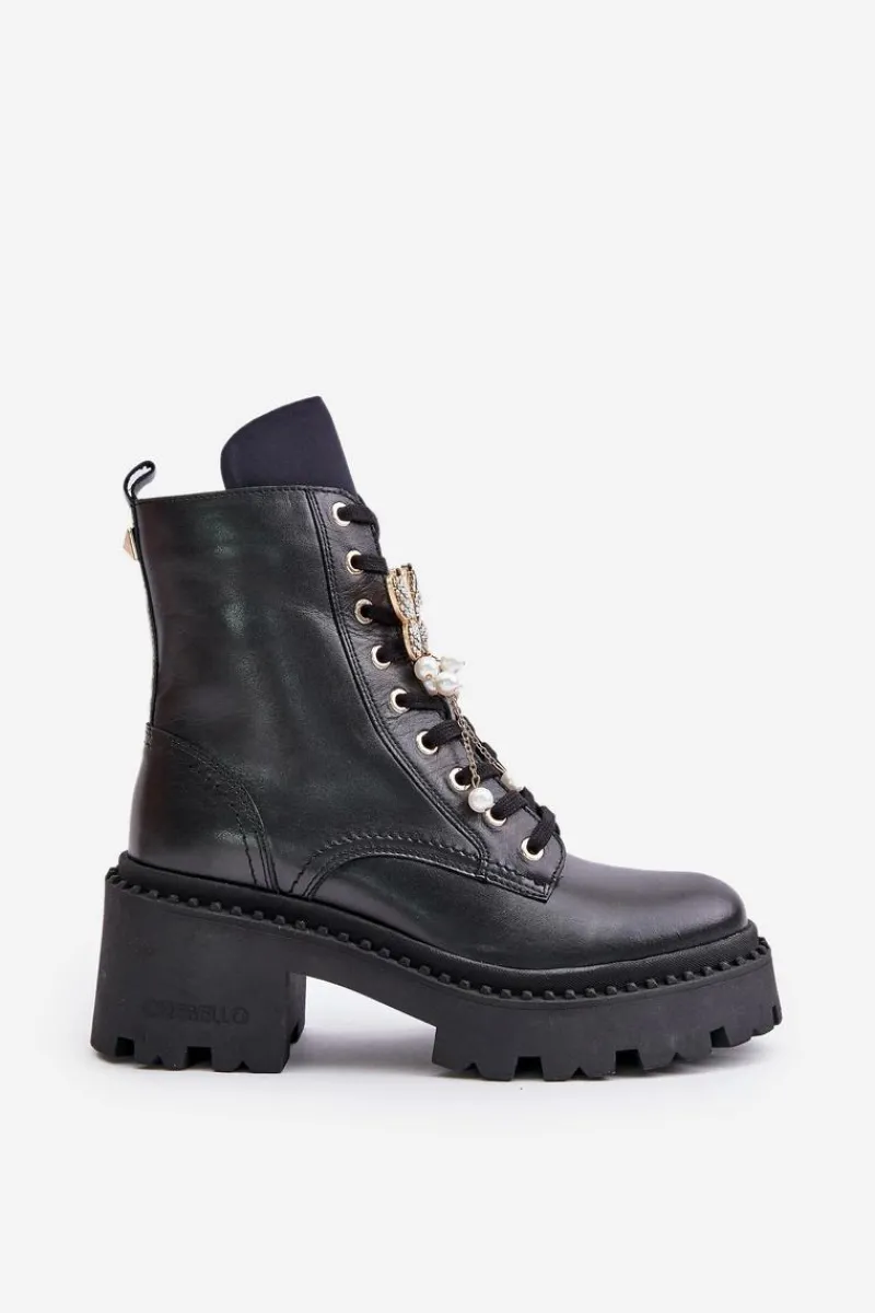 Sale Skórzane Botki Workery Damskie Z Motylem Czarne 4590 Damskie Botki Ocieplane|Damskie Trapery