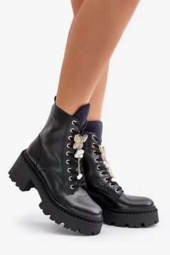 Sale Skórzane Botki Workery Damskie Z Motylem Czarne 4590 Damskie Botki Ocieplane|Damskie Trapery