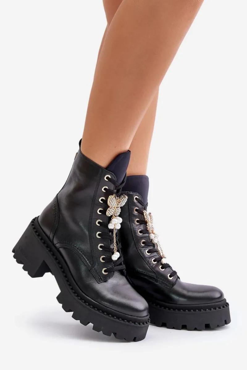 Sale Skórzane Botki Workery Damskie Z Motylem Czarne 4590 Damskie Botki Ocieplane|Damskie Trapery