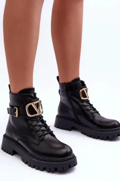 New Skórzane Botki Workery Damskie Z Ozdobą Czarne Lalede Damskie Botki Sznurowane|Czarne Botki