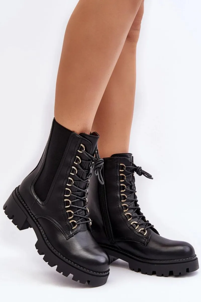 Botki Sznurowane|Czarne Botki>Boto Skórzane Botki Workery Damskie Czarne Charmea