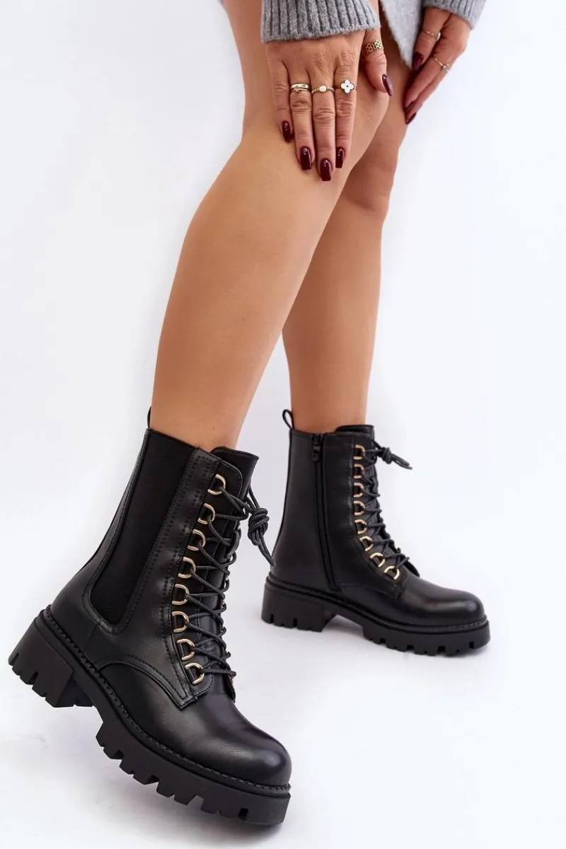 Botki Sznurowane|Czarne Botki>Boto Skórzane Botki Workery Damskie Czarne Charmea