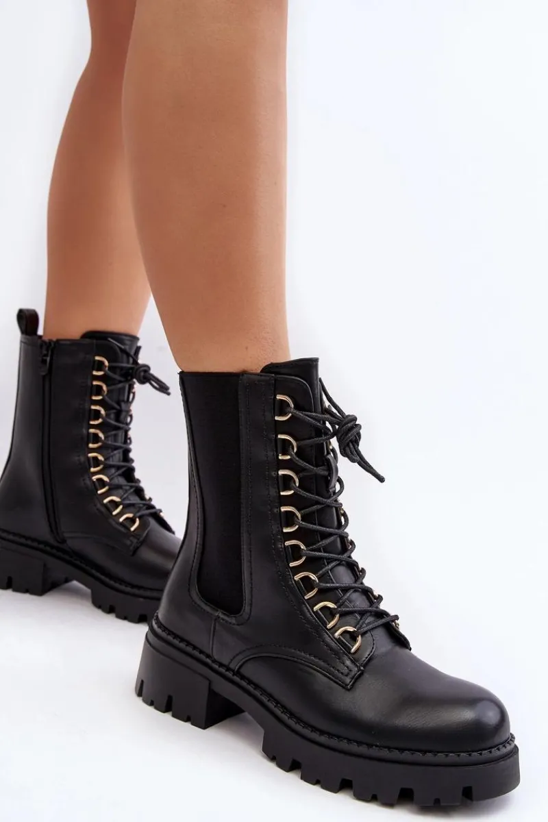 Botki Sznurowane|Czarne Botki>Boto Skórzane Botki Workery Damskie Czarne Charmea