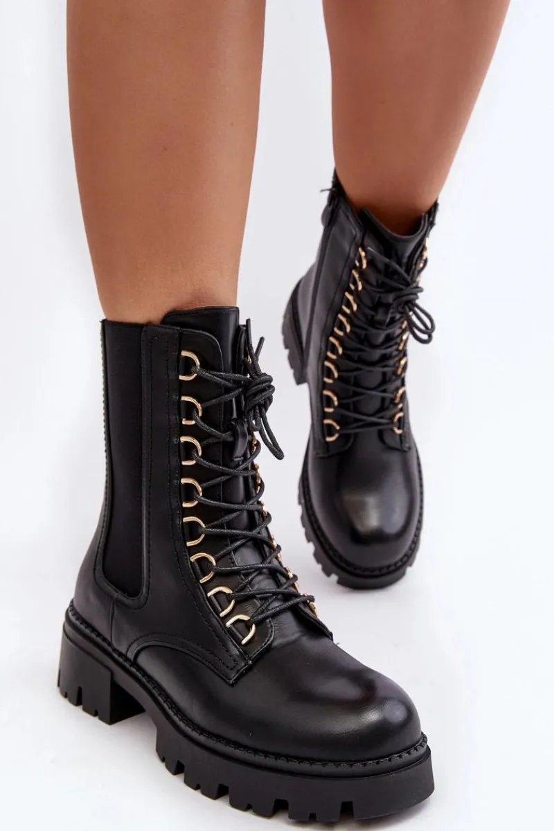 Botki Sznurowane|Czarne Botki>Boto Skórzane Botki Workery Damskie Czarne Charmea