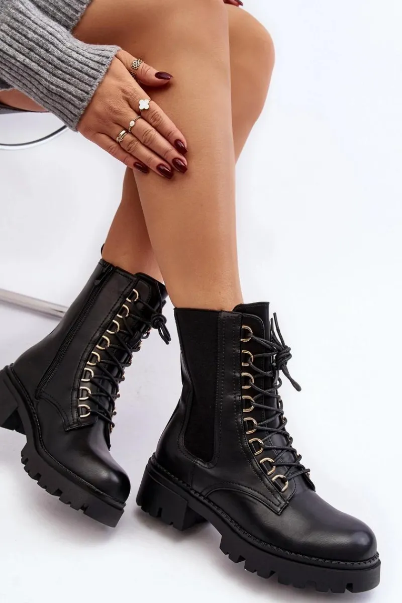 Botki Sznurowane|Czarne Botki>Boto Skórzane Botki Workery Damskie Czarne Charmea