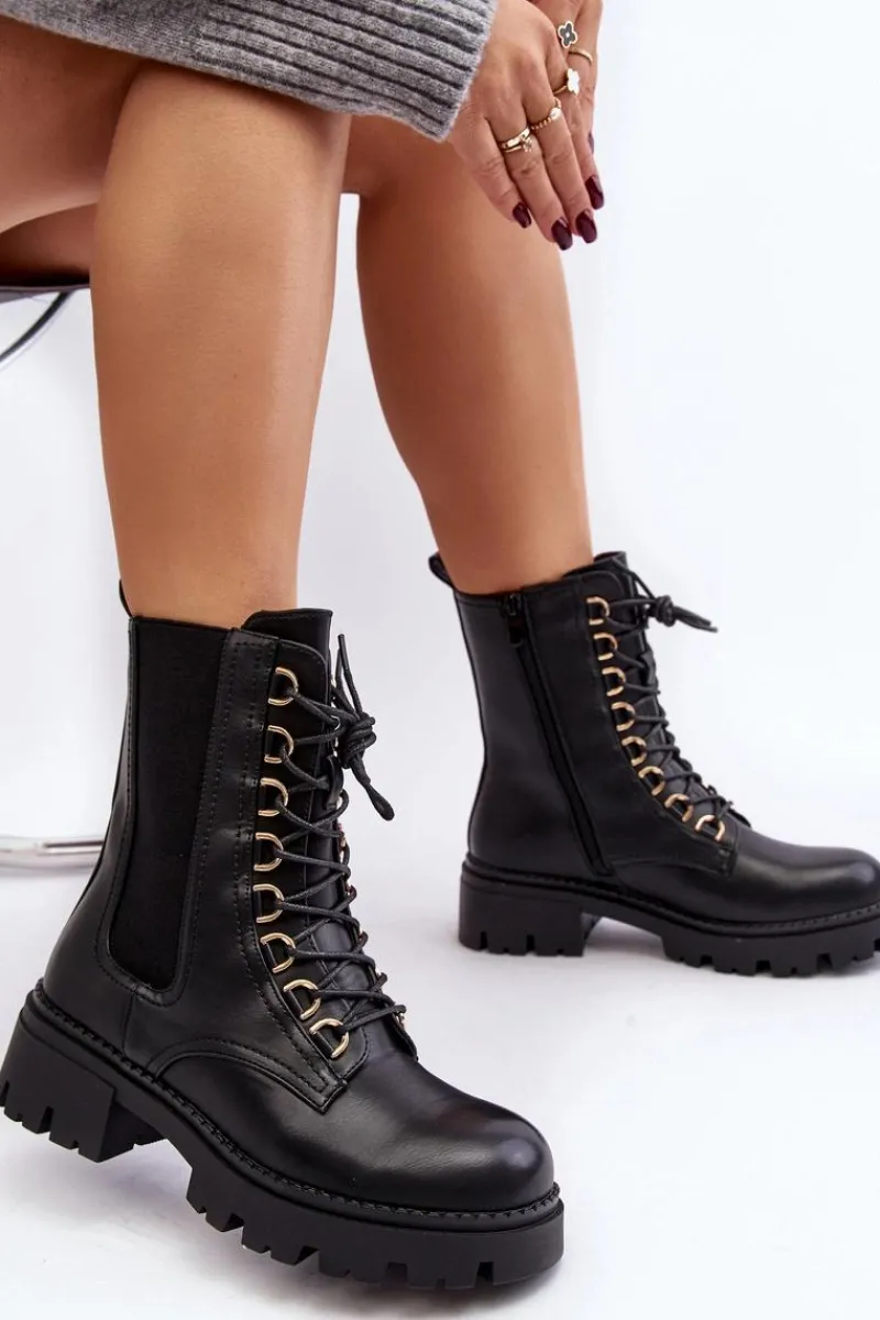 Botki Sznurowane|Czarne Botki>Boto Skórzane Botki Workery Damskie Czarne Charmea