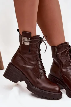 Botki Ocieplane|Botki Skórzane></noscript>Artiker Skórzane Botki Workery Damskie Na Klocku Z Ozdobnym Detalem 57C0213 Brązowe Brązowy