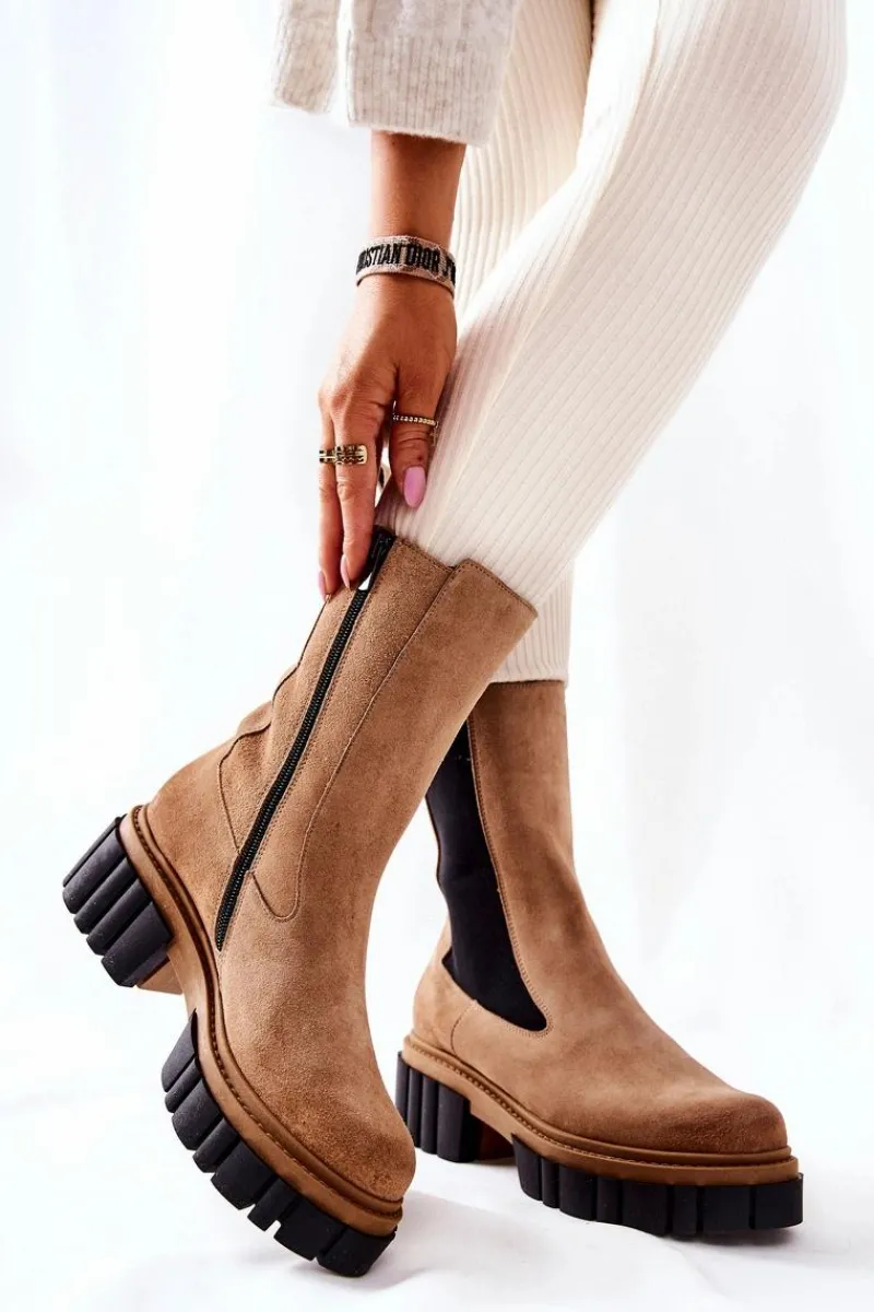 Botki Zimowe Damskie|Brązowe I Beżowe Botki>Laura Messi Skórzane Botki Workery Beżowe 2421