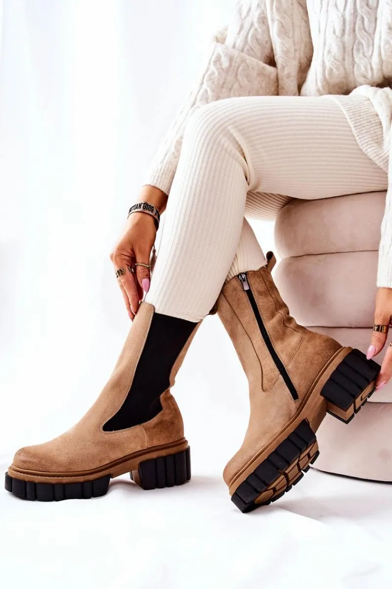 Botki Zimowe Damskie|Brązowe I Beżowe Botki>Laura Messi Skórzane Botki Workery Beżowe 2421