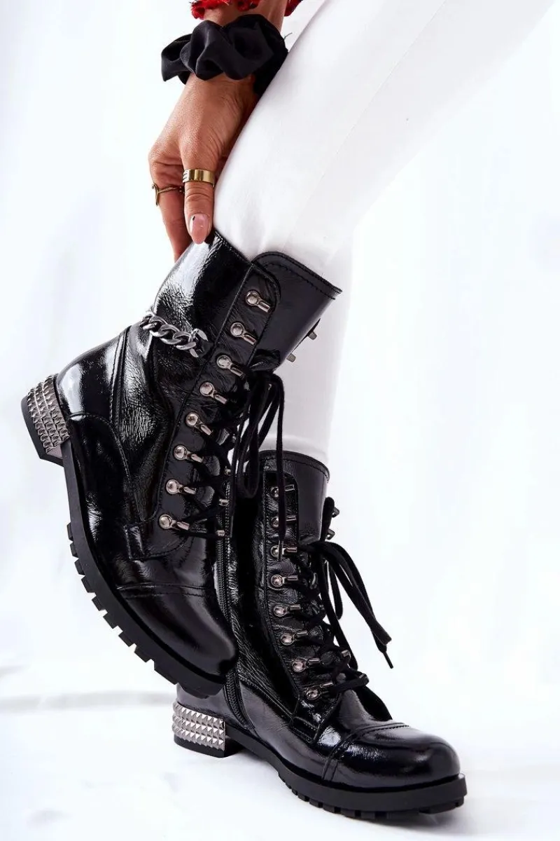 Clearance Laura Messi Skórzane Botki Workery Czarne 2209