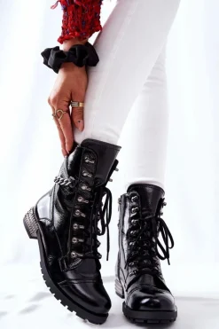 Clearance Laura Messi Skórzane Botki Workery Czarne 2209