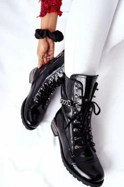 Clearance Laura Messi Skórzane Botki Workery Czarne 2209