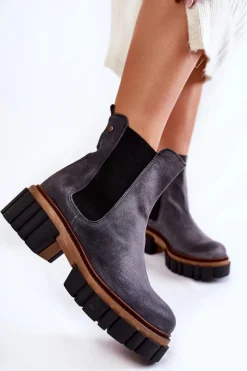 New Maciejka Skórzane Botki Workery Szare 05312-03