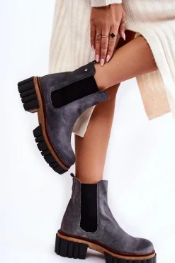 New Maciejka Skórzane Botki Workery Szare 05312-03