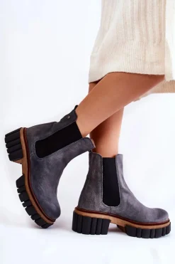 New Maciejka Skórzane Botki Workery Szare 05312-03