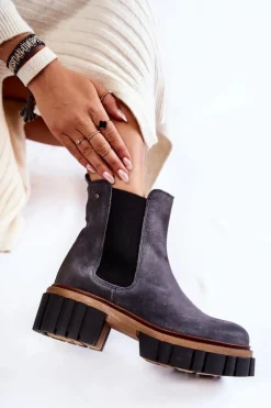 New Maciejka Skórzane Botki Workery Szare 05312-03