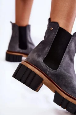 New Maciejka Skórzane Botki Workery Szare 05312-03