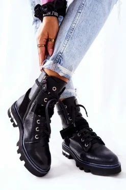 New Skórzane Botki Workery Czarne 05219-01 Damskie Botki Maciejka|Botki Sznurowane