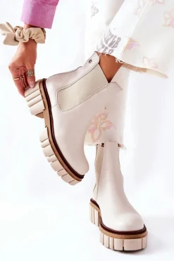 Sale Skórzane Botki Workery Beżowe 05312-04 Damskie Botki Maciejka|Brązowe I Beżowe Botki