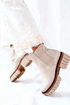 Sale Skórzane Botki Workery Beżowe 05312-04 Damskie Botki Maciejka|Brązowe I Beżowe Botki