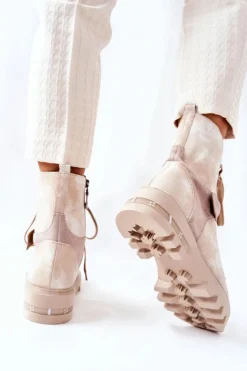 New Maciejka Skórzane Botki Workery Beżowe 05219-04